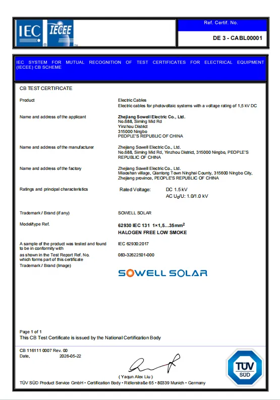 A SOWELLSOLAR fotovoltaikus kábelek megkapják a TÜV SÜD IECEE-CB tanúsítvány elismerését